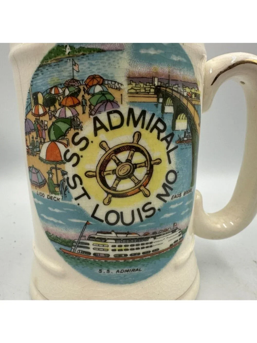 Vintage S.S. Admiral St. Louis MO Souvenir Ceramic Stein Mug Gold Trim Japan